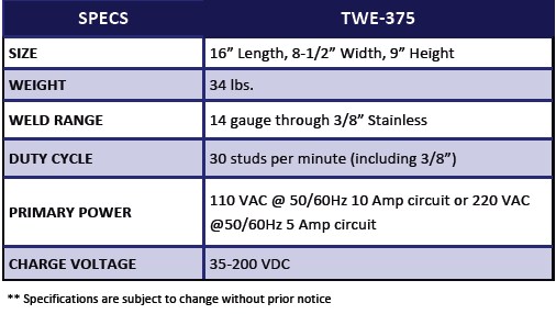 TWE 375 Capacitor Discharge Stud Welder_chart